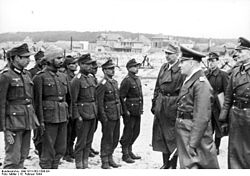 Hermann Meyer-Rabingen (à droite) inspectant la SS Freies Indien Legion (Légion indienne) avec le Generalfeldmarschall Erwin Rommel (au centre) et le Generalleutnant Günther Krappe (à gauche).