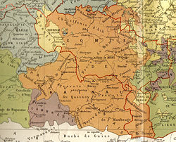 Le comté de Hainaut en orange et les limites des provinces actuelles en rouge