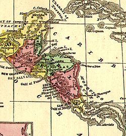 Carte de la région datant de 1860 et mettant en évidence les Provinces unies d'Amérique centrale