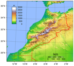 Carte topographique du Maroc montrant le Rif au nord.