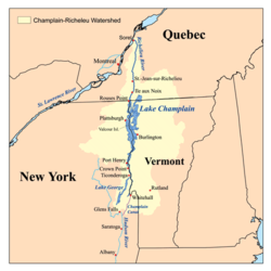 Carte du lac Champlain avec la baie Missisquoi dans le coin nord-est du lac.
