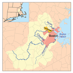 Carte du bassin du port de Boston, indiquant entre autres le parcours de la Mystic River.