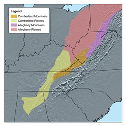 Carte de localisation des Allegheny Mountains (en violet).