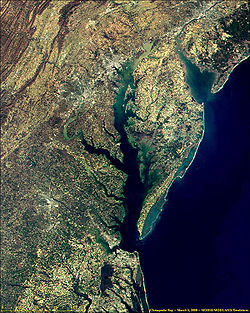 Image satellite de la baie du Delaware et de la baie de Chesapeake.