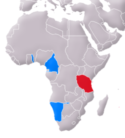 L'Afrique orientale allemande en rouge et les autres colonies allemandes contemporaines en bleu