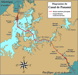 Carte du canal de Panamá ; le lac Gatún est visible sur la gauche de la carte.