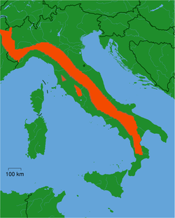 En orange, l'aire de répartition du loup d'Italie