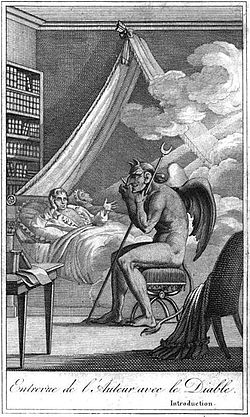 Illustration du Diable peint par lui-même (1825) : Collin de Plancy, couché dans son lit, s'entretient avec le Diable.