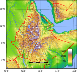 Carte topographique de l'Éthiopie mettant en évidence les plateaux (de marron à blanc).