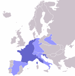 L'Empire à son apogée en 1811 (en bleu foncé : la France ; en bleu clair : les territoires vassaux de la France).