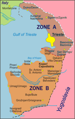 Carte du Territoire libre de Trieste présentant sa division en zone A (administrée par les États-Unis et le Royaume-Uni) et B (administrée par la Yougoslavie)