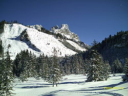 Le Gimpel (à gauche) et le Rote Flüh (à droite) depuis la vallée de Tannheim