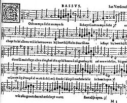 Extrait de la partie de basse de la chanson religieuse à deux voix en langue néerlandaise Godt is mijn licht (Dieu est ma lumière) de Jan Verdonck, du Liber Musicus, duarum vocum cantiones tum latinas tum gallicas atque teutonicas (livre de chansons à deux voix en langues latine, française et néerlandaise), publié par Phalesius et Bellerus à Louvain/Anvers en 1571