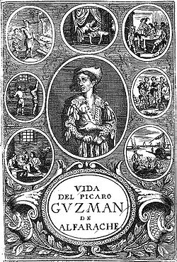 Frontispice d’une édition conjointe des deux parties de Guzmán de Alfarache publiée à Anvers par Jerónimo Verdussen en 1681 et illustrée par Gaspar Bouttats