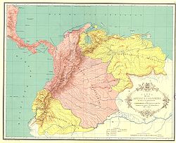 Localisation de la Grande Colombie (en jaune vif et rose) dans le nord de l'Amérique du Sud.
