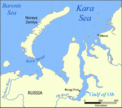 Carte d'une partie des mers de Kara et de Barents montrant le détroit de Kara.