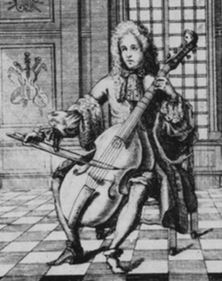 Portrait de Carel Hacquart, jouant la viole de gambe ; illustration gravée dans Chelys (1686)
