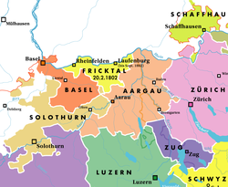 Carte du canton de Bâle, dans la partie nord de la République helvétique en 1802.