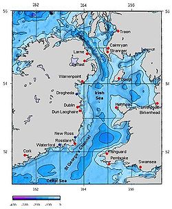 Carte de la mer d'Irlande avec le canal du Nord en haut.