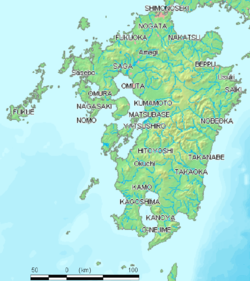 Carte de Kyūshū avec la mer d'Amakusa à l'ouest.