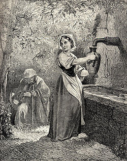 Un jour qu'elle était à cette fontaine, il vint à elle une pauvre femme qui la pria de lui donner à boire.Illustration de 1867 de Gustave Doré