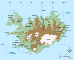 Carte des Hautes Terres d'Islande (en marron) incluant les glaciers (en blanc).