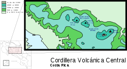 Carte topographique du Costa Rica avec la cordillère Centrale.