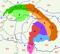 Carte de localisation des Carpates serbes (en rose) dans les Carpates.