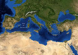 La mer de Sardaigne sur une image satellite de la mer Méditerranée.