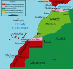 Carte du Maroc en 1912 ; le protectorat français est indiqué en vert clair.