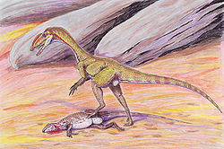  Megapnosaurus kayentakatae se nourrissant du cadavred'un Scutellosaurus (travail d'artiste).