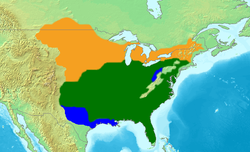 Orange: aire d'été; Vert : Aire de résidence le long de l'année Bleu : zone d'hivernage.