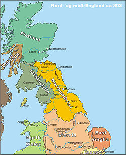 Royaume de Northumbrie vers l’an 802 (en jaune)