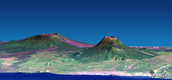 Image reconstituée et déformée du Nyamuragira à gauche et du Nyiragongo à droite vus depuis le sud.