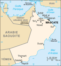 Carte d'Oman ; la frontière entre Oman et le Yémen est visible dans le quart sud-ouest de la carte.