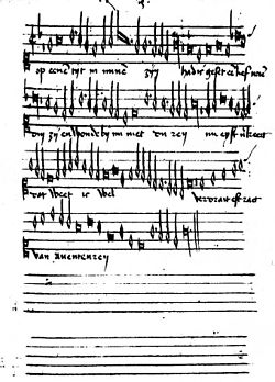Détail de la partition d’une chanson néerlandaise à trois voix Op eenen tijd in minen zijn, d’un manuscrit italien du XVe siècle, composition attribuée à Johannes Pullois, en  notation mensurée blanche