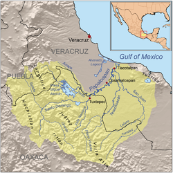Carte du bassin du fleuve Río Papaloapan avec la Sierra Juárez au centre.