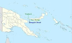 Carte du détroit de Dampier entre l'île Umboi de la Nouvelle-Bretagne et reliant la mer de Bismarck au nord à la mer des Salomon au sud.