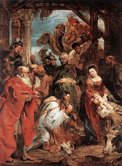 L'Adoration des mages (1624), huile sur bois, de Pierre Paul Rubens.  Son contemporain Guilielmus Messaus composa un grand nombre de chants de Noël.