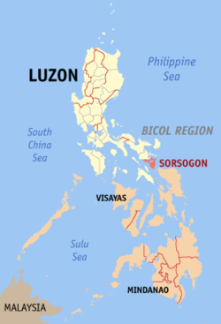 Localisation de la province de Sorsogon (en rouge) dans les Philippines.