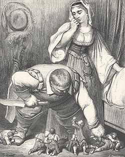 Il les tira de dessous le lit, l'un après l'autre.Illustration de 1867 de Gustave Doré
