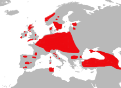 Aire relictuelle de répartition en Europe et Moyen-Orient
