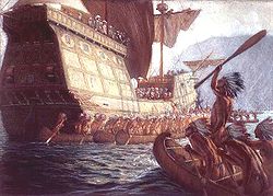 Samuel de Champlain accueillit par les amérindiens