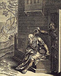 Xanthippe vidant le pot de chambre sur la tête de Socrate. Emblemata d'Otto van Veen, 1607.