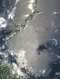 Image satellite d'une partie de la mer de Sulu avec Palawan au nord, Bornéo au sud-ouest et Sulu au sud-est.