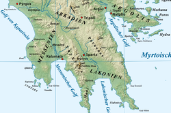 Carte du Sud du Péloponnèse avec le Parnon à l'est.