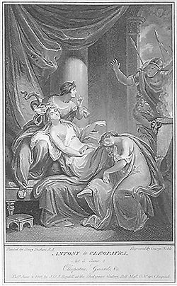 La mort de Cléopâtre. Gravure de George Noble, d'après un tableau d'Henry Tresham. 1801. Acte V. Scène II.