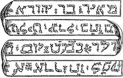 Un verset de la Torah, écrit sur un ruban dans l’alphabet hébreu avec quelques signes diacritiques.