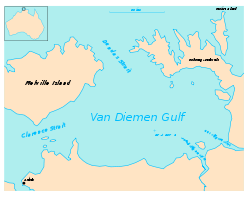 Carte du golfe de Van Diemen montrant le détroit de Clarence à l'ouest.