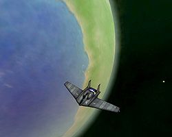 Capture d'écran de Vega Strike ; un vaisseau survolant une planète habitée